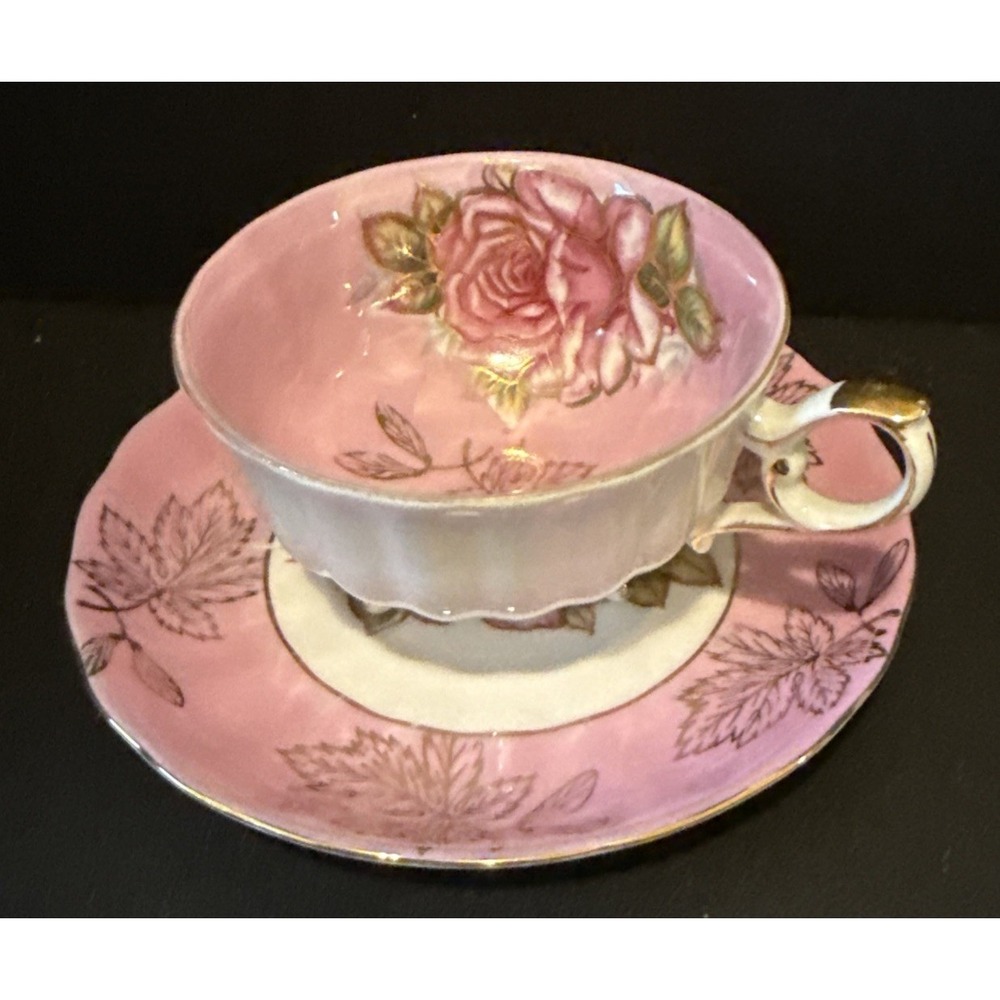 Royal Halsey Very Fine Footed Tea Cup Saucer Pink Rose Gold Trim‎ Lusterware VTG